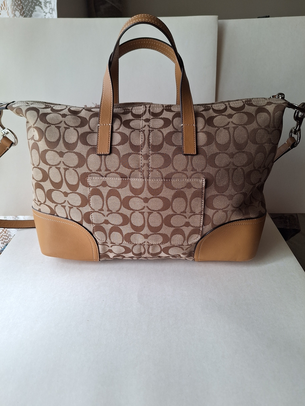 Coach Hadley Signature Zip Satchel Tote Bag with Leather Trim Laptop Shoulder - Picture 3 of 17